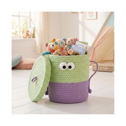 CTESNE Cotton Rope Storage Basket with Lid & Handles, Cute Monster Decor Basket for Nursery, Toys, Diapers, Baby Shower & Easter Gift, 9.8" x 9.8" (Green & Purple)