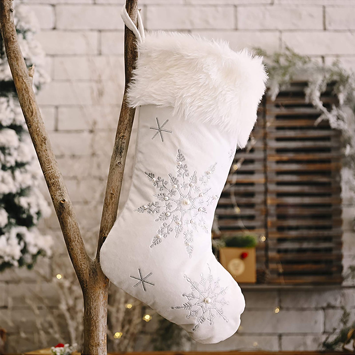 Ushinemi Christmas Stockings Large White Christmas Stocking with Silver Snowflake Cross Stitch, Fur, 2 Pack
