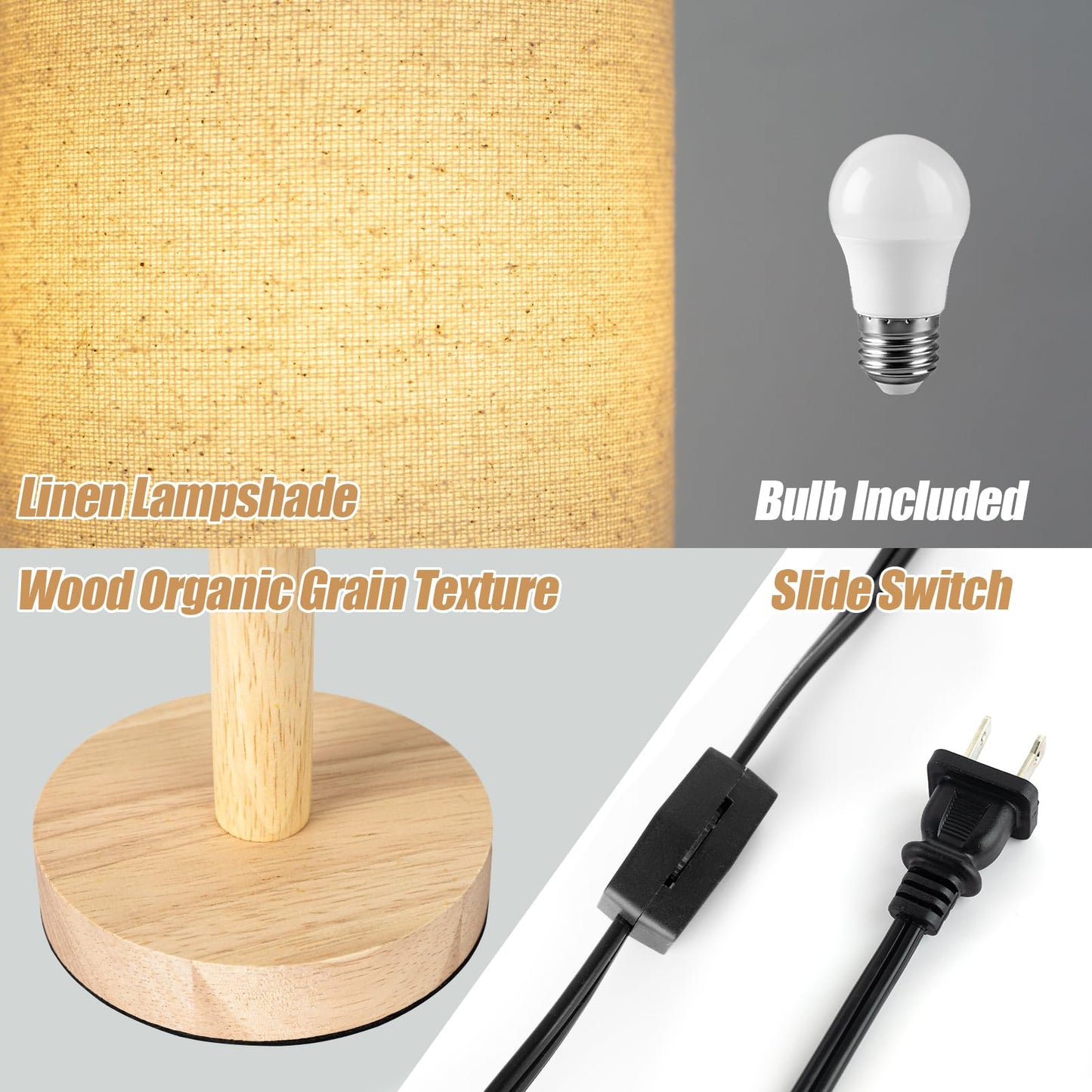 LALISU Small Table Lamp for Bedroom, Nightstand Lamp Linen Lampshade Bedroom Wood Base Small Bedside Lamp for Night Stands, Desk Lamps for Reading Living Room, Office (LED Bulb Included) (Wood Base)