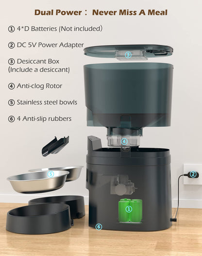 HoneyGuaridan 6.5L Automatic Cat Feeder, 2.4G Wi-Fi Smart Pet Feeder with APP Control, Desiccant Bag, Voice Recorder and Dual Power Supply, Up to 6 Meals Per Day for Cats & Small/Medium Dogs (Blue)