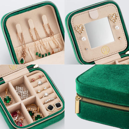 ZPROW Plush Velvet Travel Jewelry Case, Organizer, Box, Small Case for Women, Earring Organizer with Mirror, Best Gifts For Daughter, Girlfriend, Mom | Gifts For Her - Emerald Green