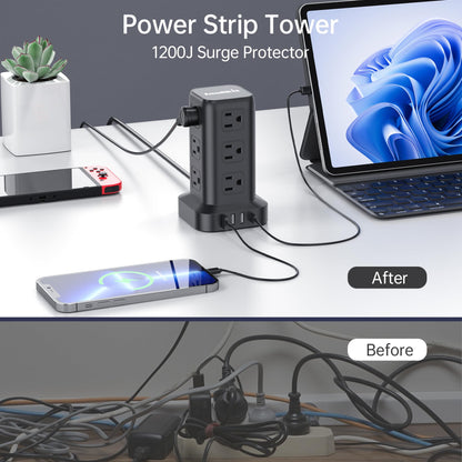Extension Cord with Multiple Outlets, Surge Protector Power Strip Tower, 12 AC 4 USB，Surge Protector Tower 6.5FT Overload Protection for Home Office