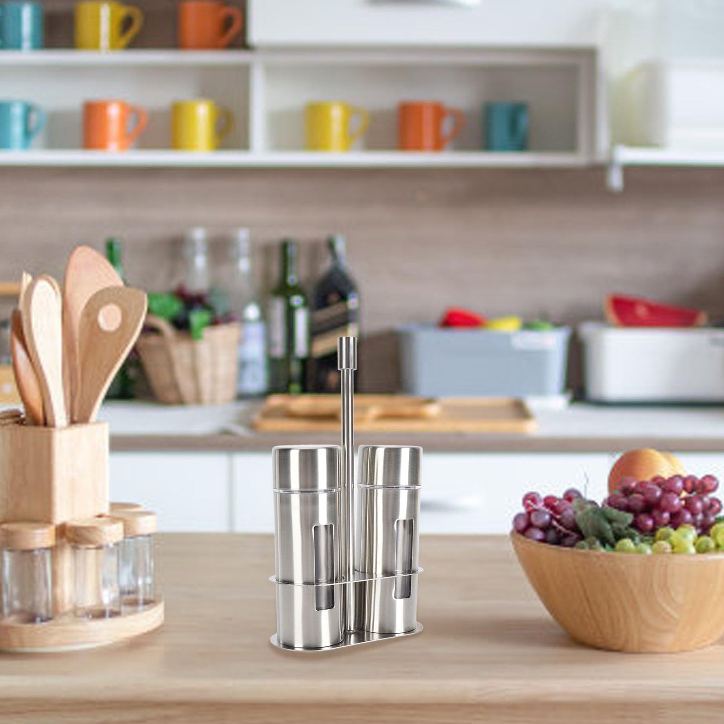 Salt and Pepper Shakers with Holder, Stainless Steel Salt Shaker with Base Stand Sugar Seasoning Bottle Jar for Kitchen Restaurant