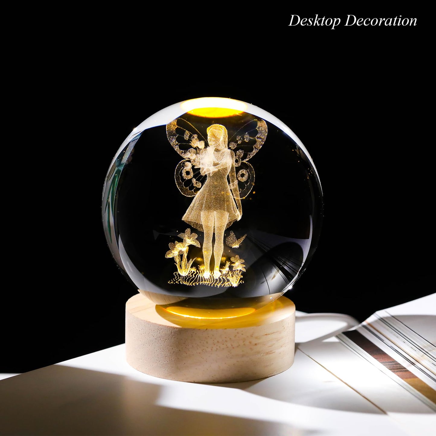Arikyrist 3D Crystal Ball Lamp with Fairy Figurine and Wooden Base, Laser Engraved Crystal Sphere Night Light and Home Decor Gift