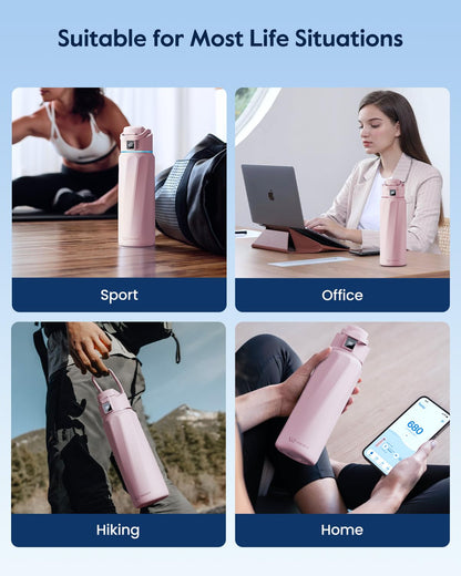 BOOST Smart Water Bottle with Reminder & Tracker, Double Wall Vacuum Insulated Bottles Stainless Steel, 32oz BPA-Free Wide Mouth for Gym, Office, School - Ideal Gift, Pink