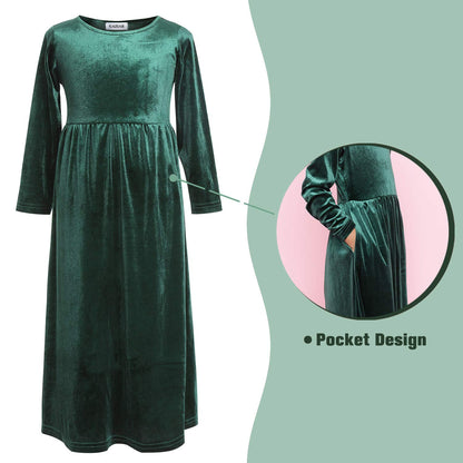 GAZIAR Girls Maxi Velvet Dress with Pockets Long Sleeve Casual Dress Party Dress for Evening Gown Christmas Wedding Holiday Green Large