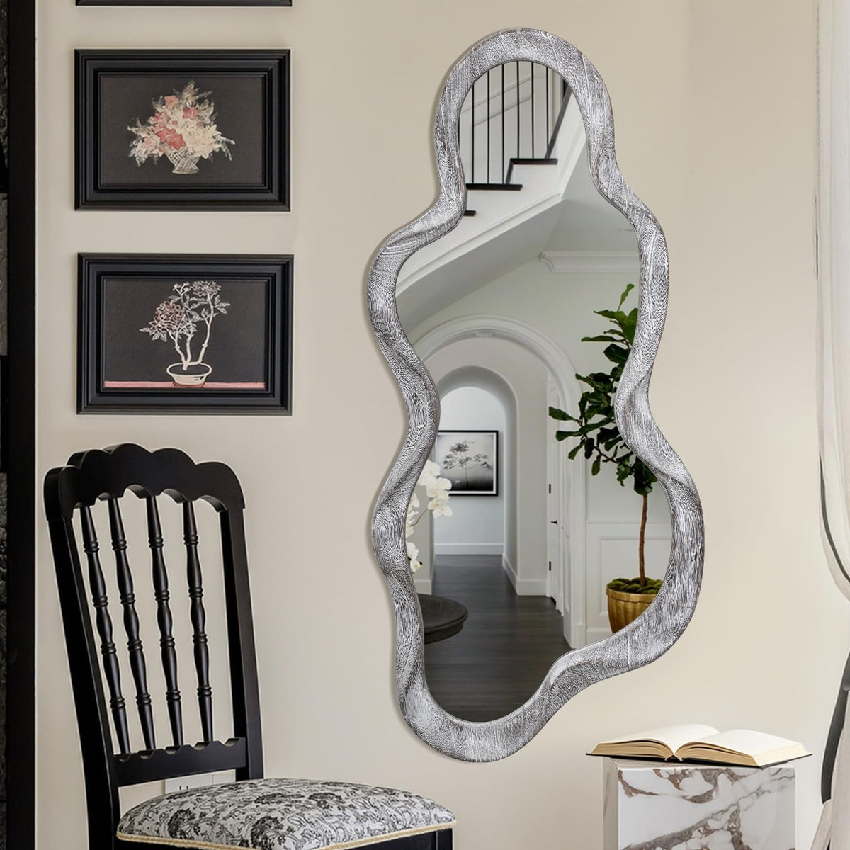 Lzuso Irregular Wooden Framed Wall Mirror Modern Asymmetrical Unique Hanging Mirror Artistic Unique Cloud Shape Wall Decor Bathroom Vanity Bedroom Living Room Entryway Hallway Large 47" x 22"