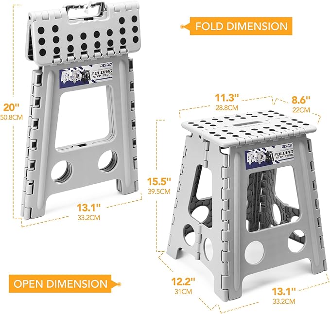Delxo 16 Inch Folding Step Stool,Foldable Stool for Adults,Portable Collapsible Plastic Stepstool,Non Slip Folding Stools for Kitchen Bathroom Bedroom Garden Up to 400LBS,(Grey 1PC)