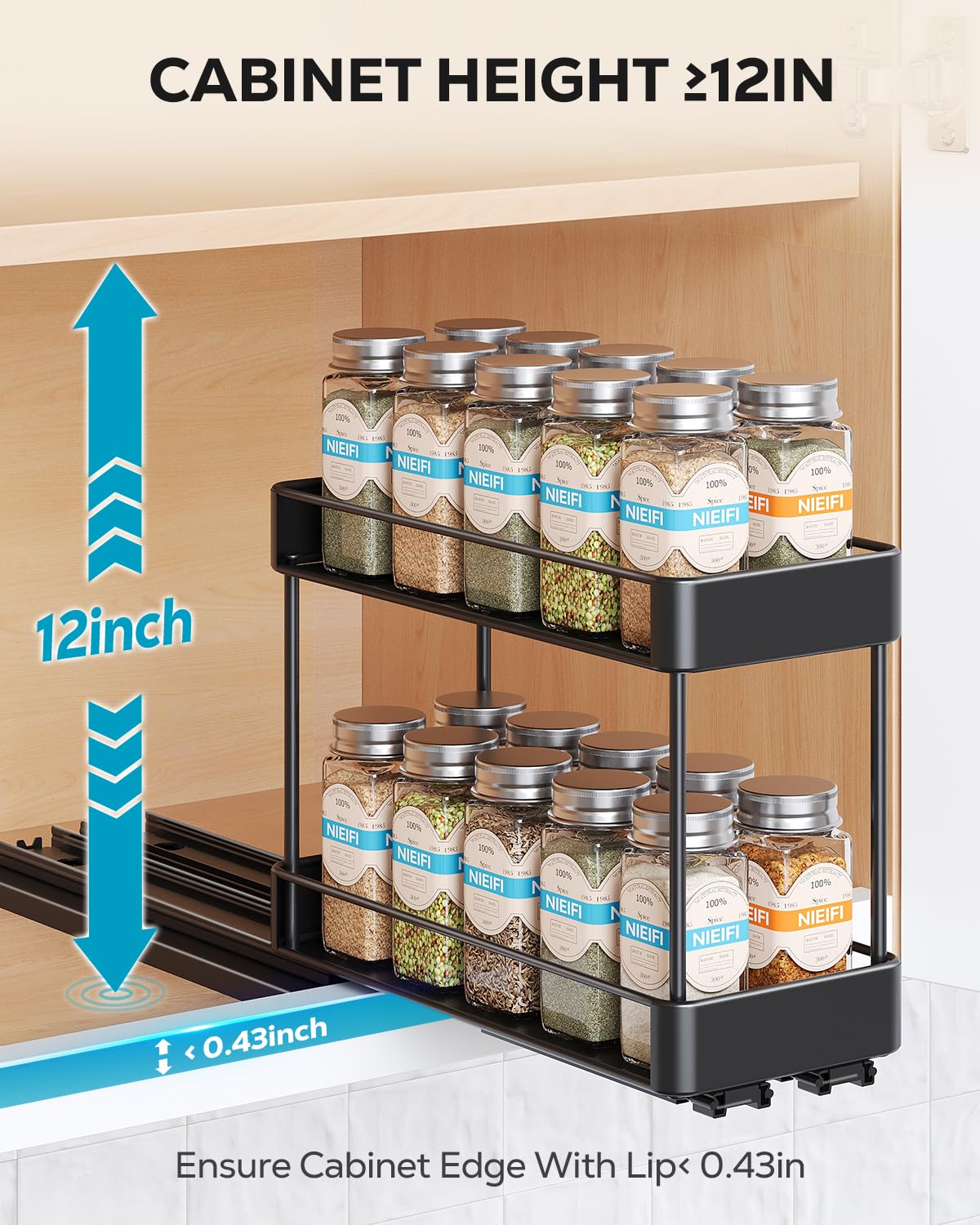 Nieifi Spice Rack Organizer for Cabinet, Vertical Spice Rack Pull Out, Easy to Install, Metal, 4.1''Wx10.35''Dx8.4''H, 2 Pack, 2 Tiers(Black)