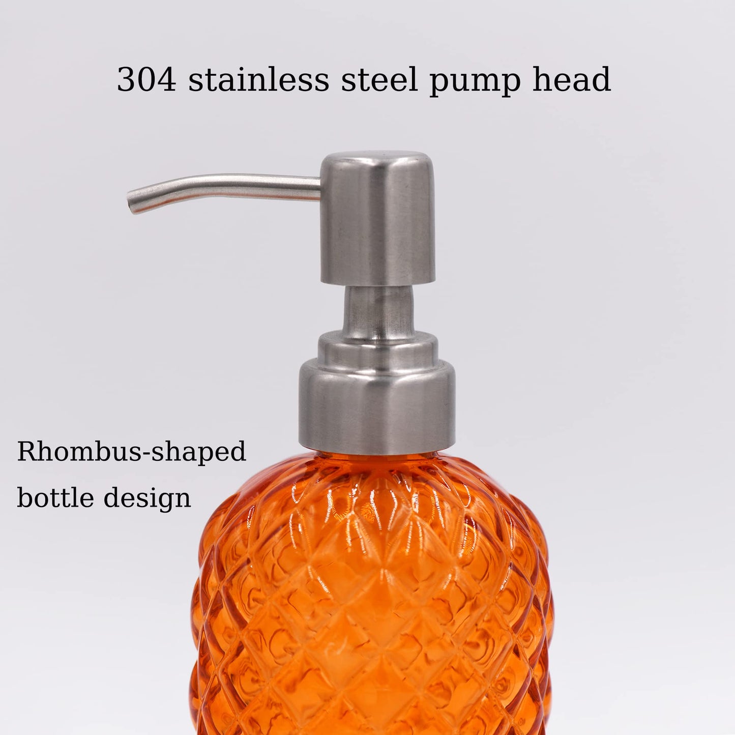 SDlumeiy 16 oz Diamond Pattern Glass Soap Dispenser, Kitchen and Bathroom Refillable Soap Dispenser with Rust Resistant Stainless Steel Pump for Hand Soap, Lotion Glass Liquid Dispenser (Orange)
