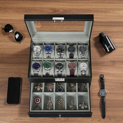 J&T Technology 20-Slot Watch Box for Men,2 Layers Watch Box Organizer,Watch Display Case with Glass Lid,Watch Holder Organizer with Removable Pillows,Gift for Loved Ones(20 Slot)