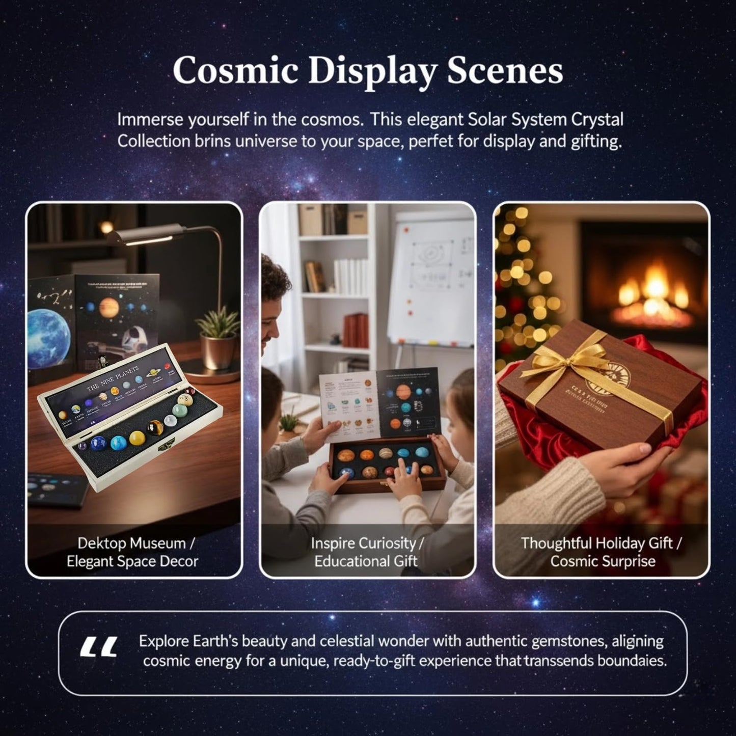 Solar System Crystal Collection - 9 Planets Gemstone Set & Planetary Booklet – Elegant Space Decor & Unique Gifts for Women & Crystal Enthusiasts