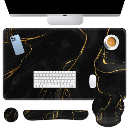 Britimes Black Gold Marble Keyboard Mouse Pad Set 4in1 Large Mousepad+Keyboard Wrist Rest+Mouse Wrist Rest+Coaster Ergonomic Design for Home Office Computer 35.4x15.7 inches