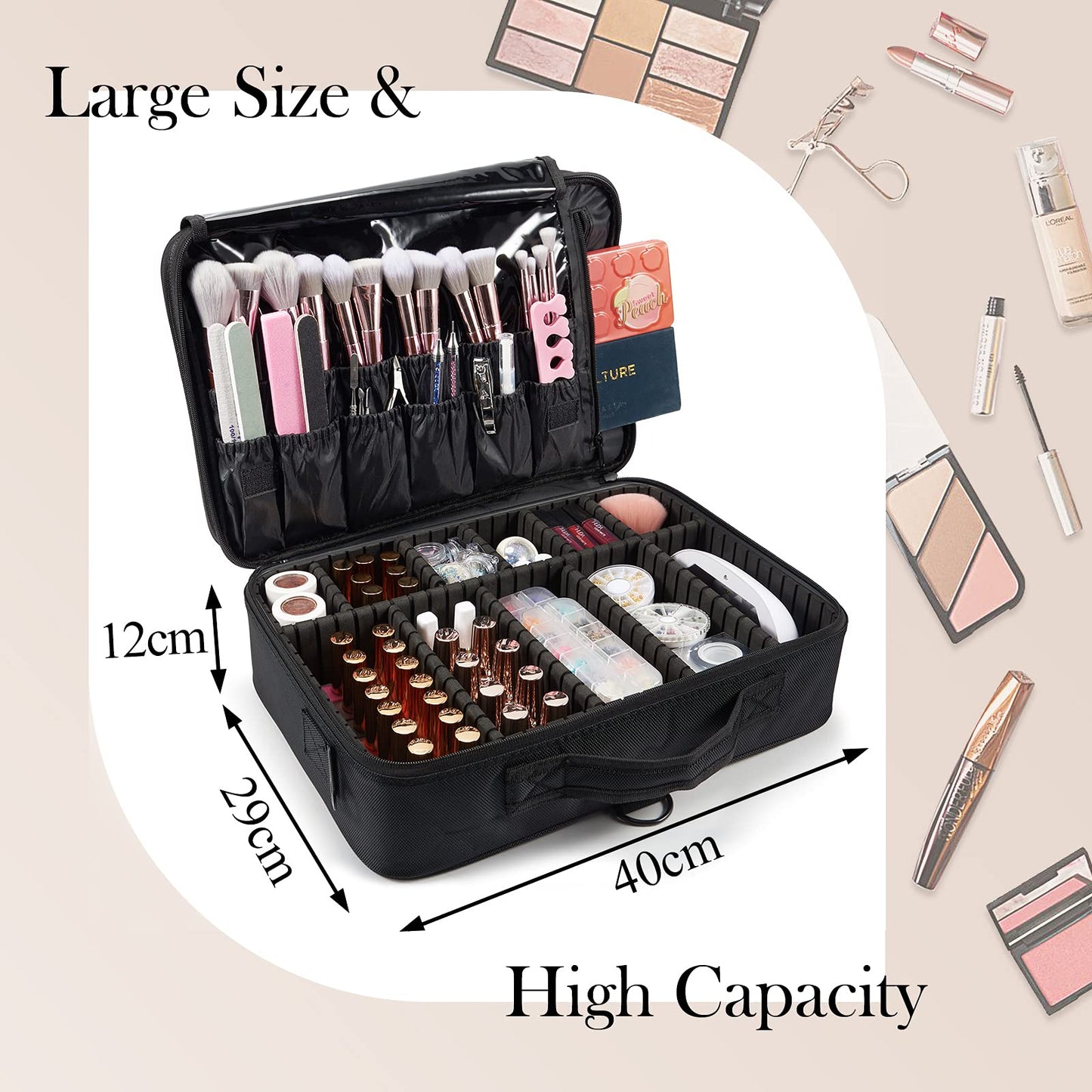 Makeup Bag Extra Large Travel Makeup Bag with Compartment Cosmetic Bags Makeup Organiser Bag Vanity Case Makeup case and Shoulder Strap, Black