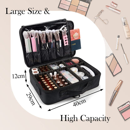 Makeup Bag Extra Large Travel Makeup Bag with Compartment Cosmetic Bags Makeup Organiser Bag Vanity Case Makeup case and Shoulder Strap, Black