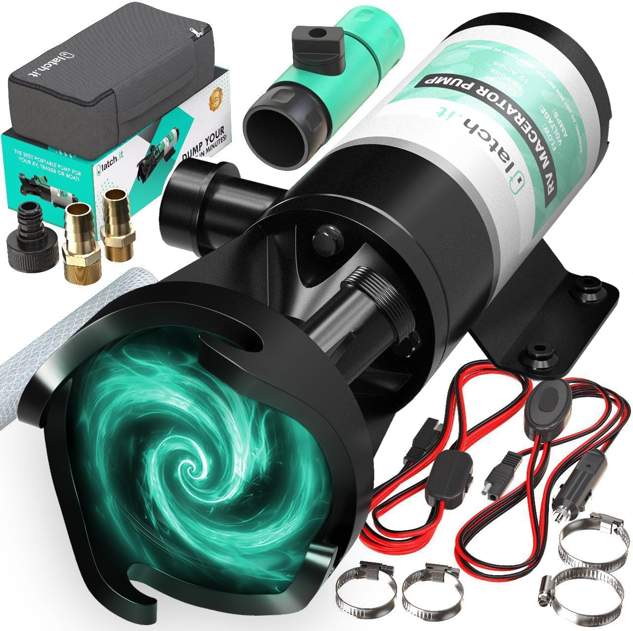 LATCH.IT V2.0 RV Macerator Pump 12VDC | 12-15GPM Macerator Pump for RV | 10-Feet Lift RV Waste Pump Macerator | Self-Priming & Portable | Portable RV Waste Pump w/Fittings, Hoses & Clamps!