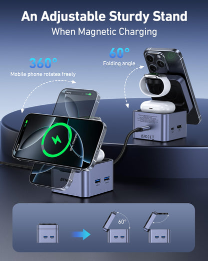 BENFEI 3-in-1 Foldable MagSafe Charger Stand with USB C Hub, Wireless Charging Station for iPhone 16/15/14/13/12, Apple Watch & AirPods, Supporting HDMI (4K@60Hz), 100W PD, 2X USB 3.0 (5Gbps)