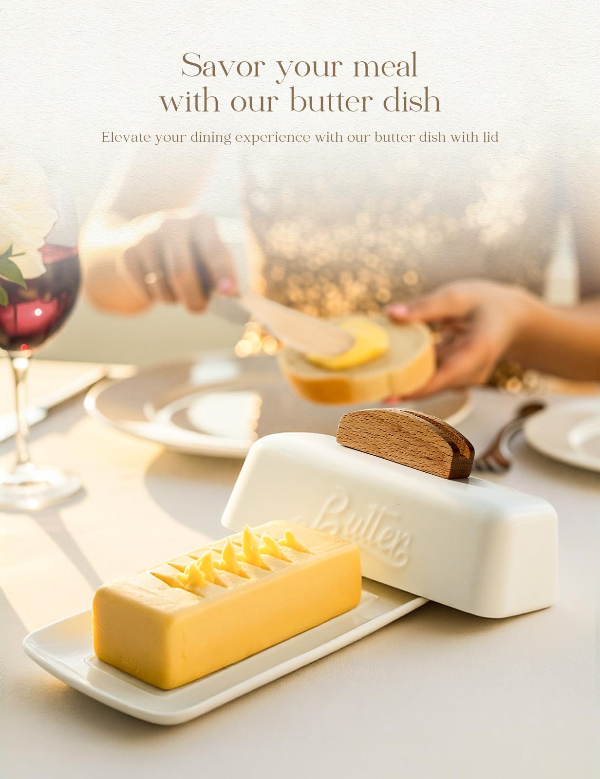 Butter Dish with Lid and Knife Ceramic Butter Holder for Counter Humanized Clamp-able Knife Handle Design, Perfect for East West Coast Butter, White