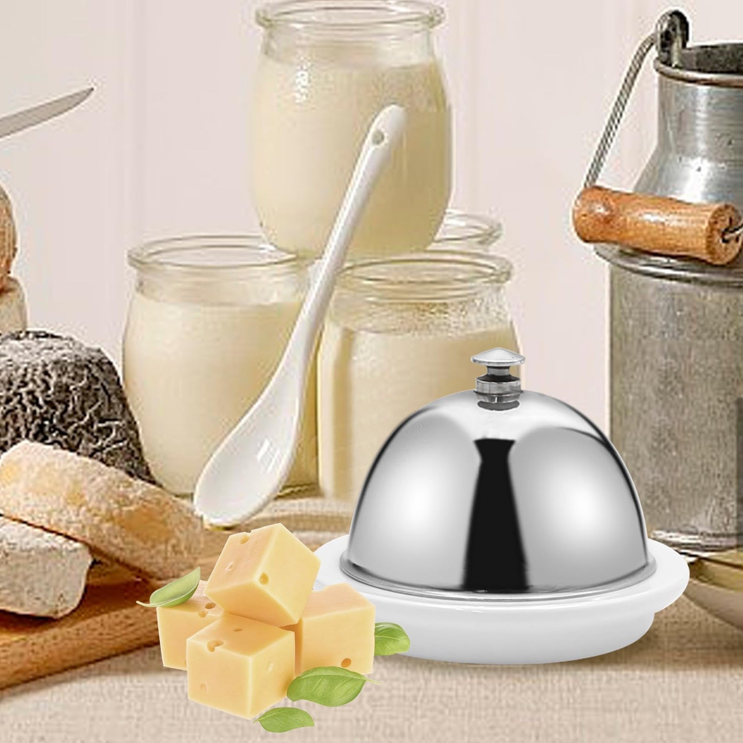 EATAKWARD Ceramic Butter Dish with Stainless Dome Cover, Cheese Dish with Lid, Small Cheese Plate Serving Tray with Silver Handled Lid for Countertop, Dessert, Cupcake, Cream Cake, Appetizer