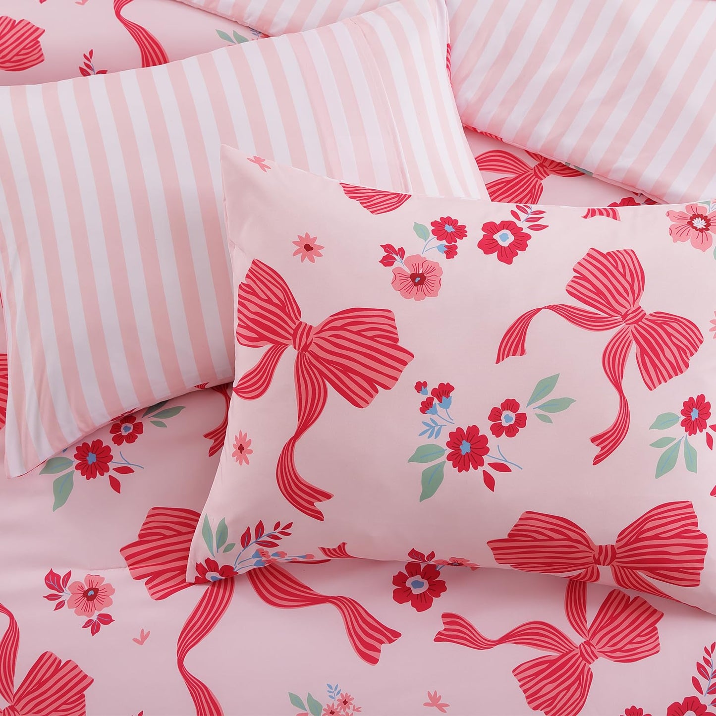 AMBERSPACE Twin XL Comforter Set for Girls, Pink Bow Bedding Set with Cute Floral, All Season Kids Dorm Bed in a Bag 5 Pieces with Sheets, Pillowcase & Sham
