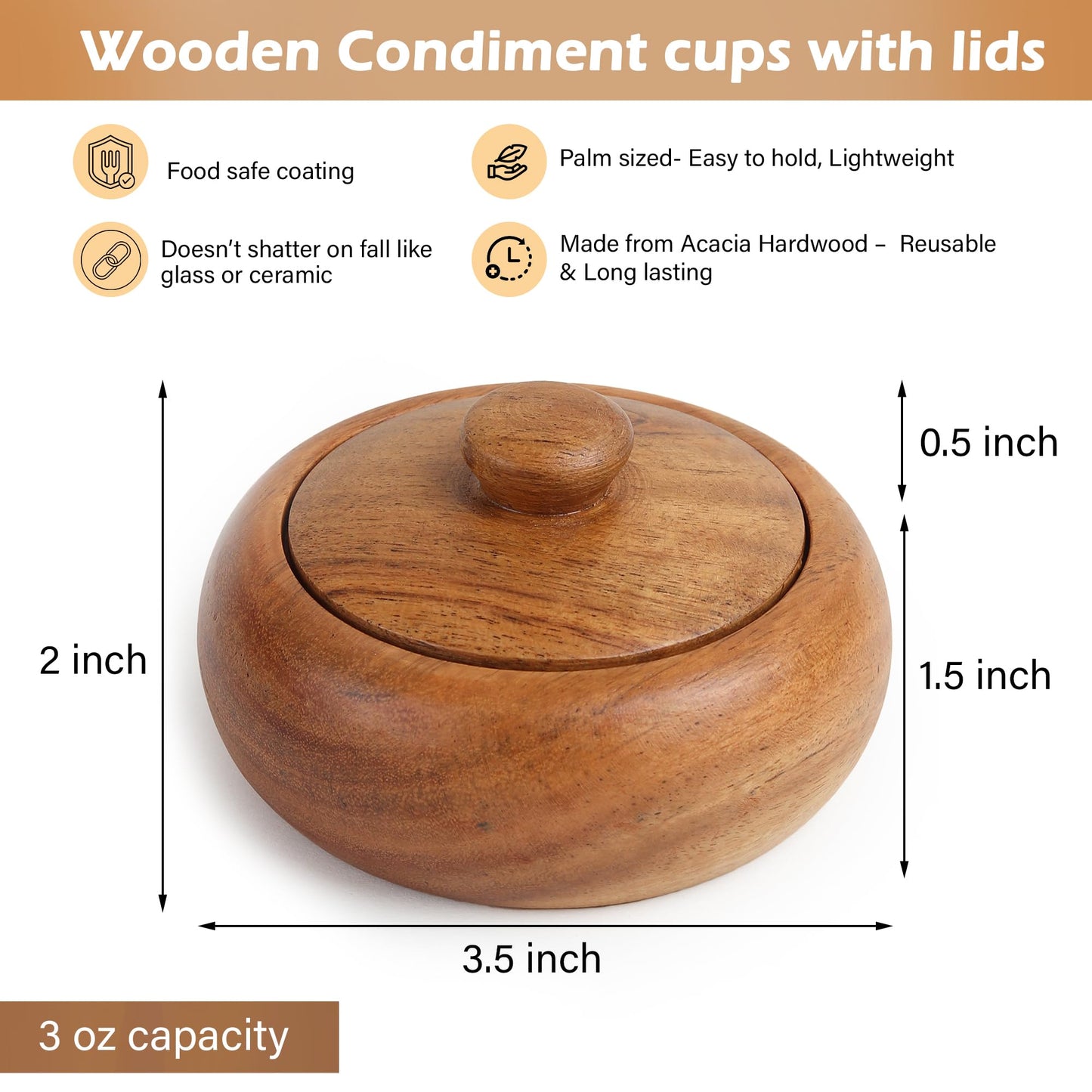 LAVAUX DESIGNS acacia wood set of 6 bowls with lid, 3.5X2 inches (3 oz), Rustic looking wood salt containers can also be used as spice box, storage for condiments, sugar, tea, celtic salt or nuts