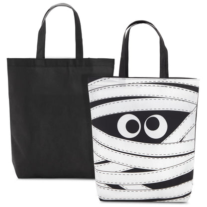 BLUE PANDA Halloween Tote Bags - 15 x 16 in, Black & White Canvas, Pack of 12 - Reusable Mummy-Print Trick-or-Treat Goodie Bag for Party Favors