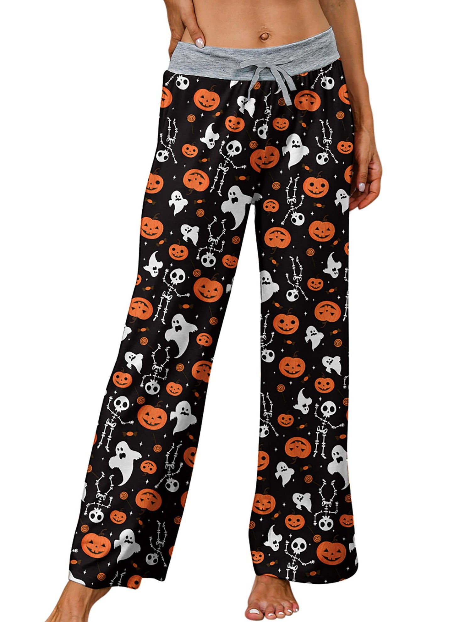 ALISISTER Halloween Pajama Pants for Women Wide Leg Pumpkin Print Comfy Sleepwear Skull Ghost Lounge Drawstring Sleep Bottoms Size S Orange