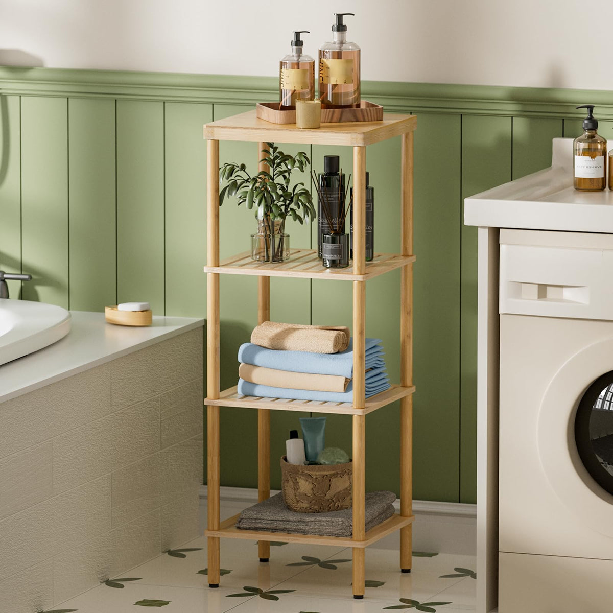 AmazerBath Bamboo Bathroom Shelf, 4-Tier Bathroom Storage Shelf, Multifunctional Storage Rack for Living Room Bedroom Kitchen, Space Saver