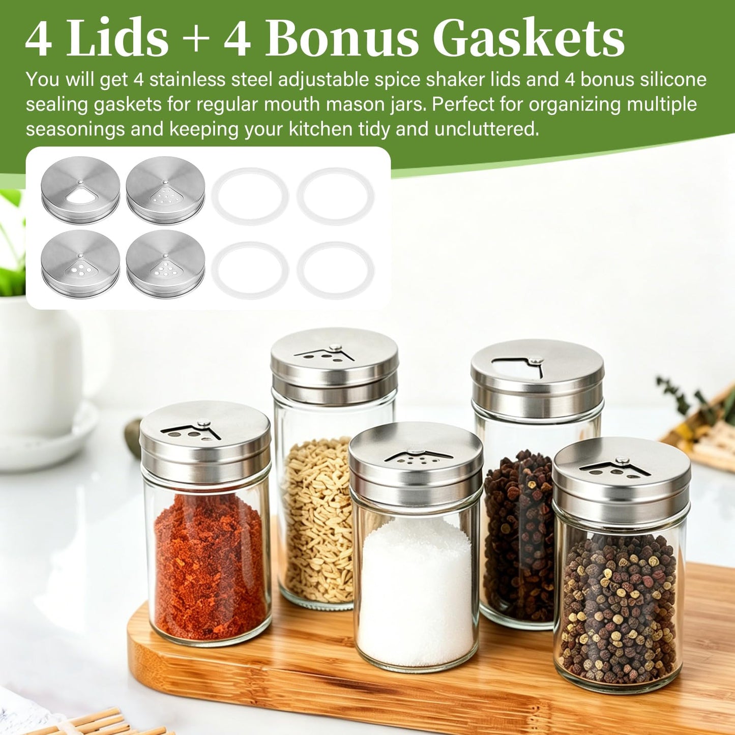 4-Pack Stainless Steel Adjustable Spice Shaker Lids for Regular Mouth Mason Jars, with 4 Bonus Silicone Sealing Rings – Dual Shaker/Pour Tops for Seasoning, Salt & Pepper Storage