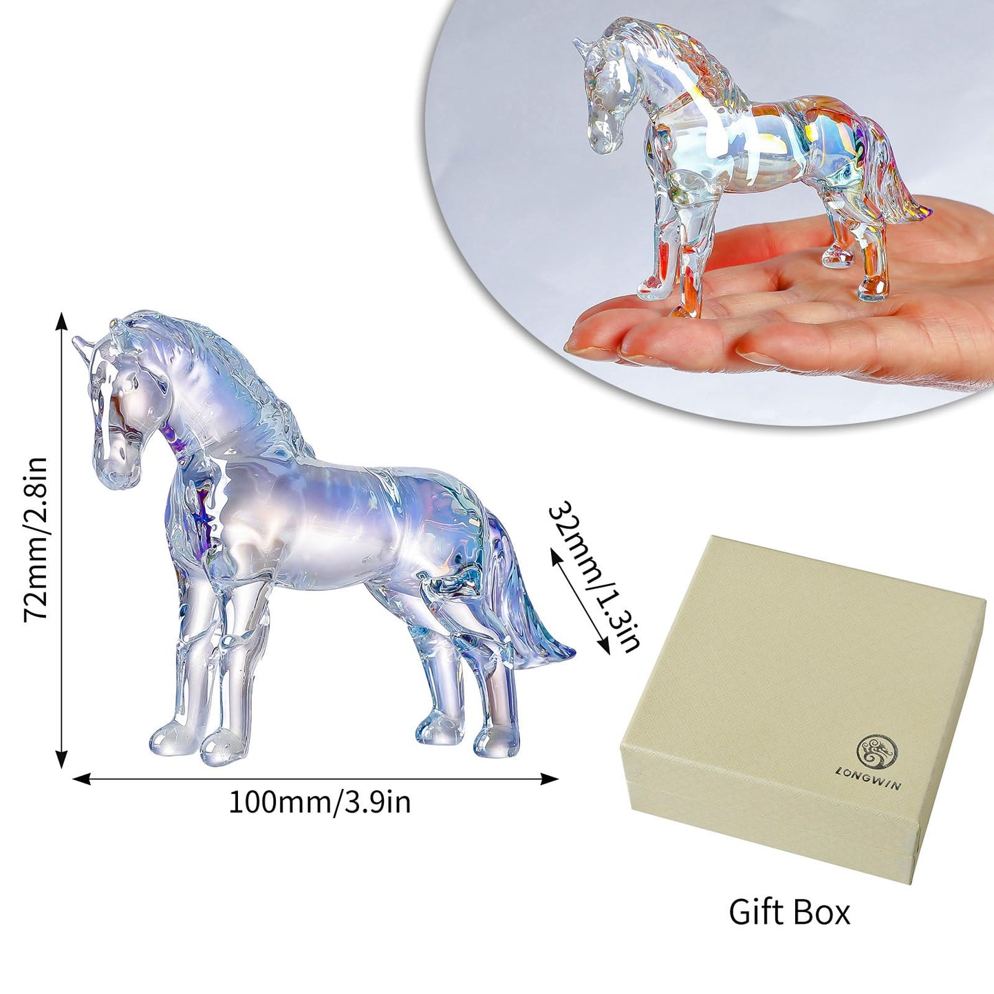 LONGWIN Handcrafted Glass Horse Figurines Collectible Decor for Home, Elegant Realistic Crystal Horse Status Animal Sculpture