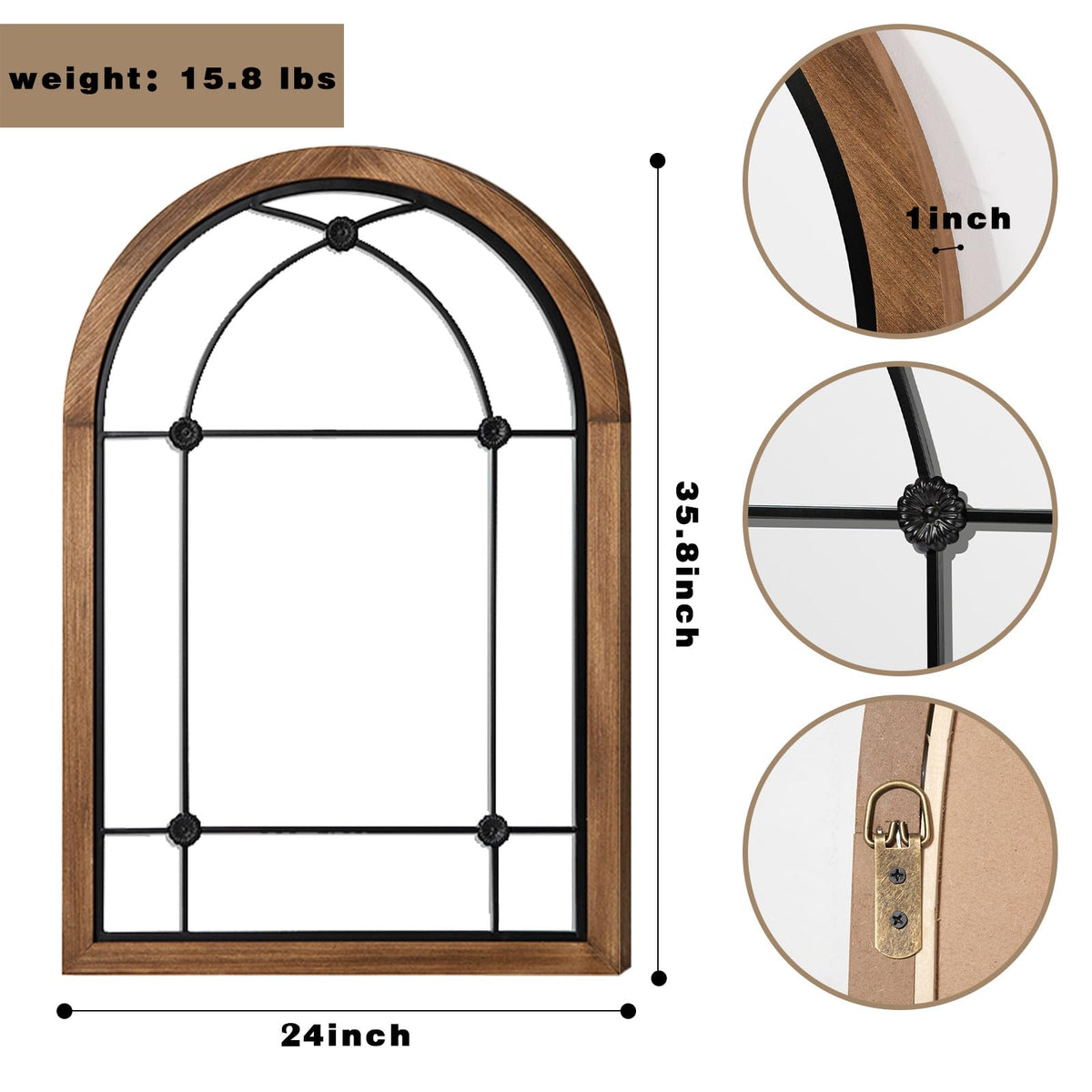 blue page 36x24 Inch Arched Wall Mirror with Rustic Wood Frame, Farmhouse Window Pane Mirror for Entryway, Bathroom Vanity and Living Room Decor, Dot Brown
