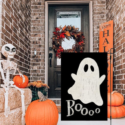 CROWNED BEAUTY Halloween Ghost Garden Flag 12x18 Inch Double Sided Small Burlap for Outside Boo Black Holiday Yard Decoration CF1079-12