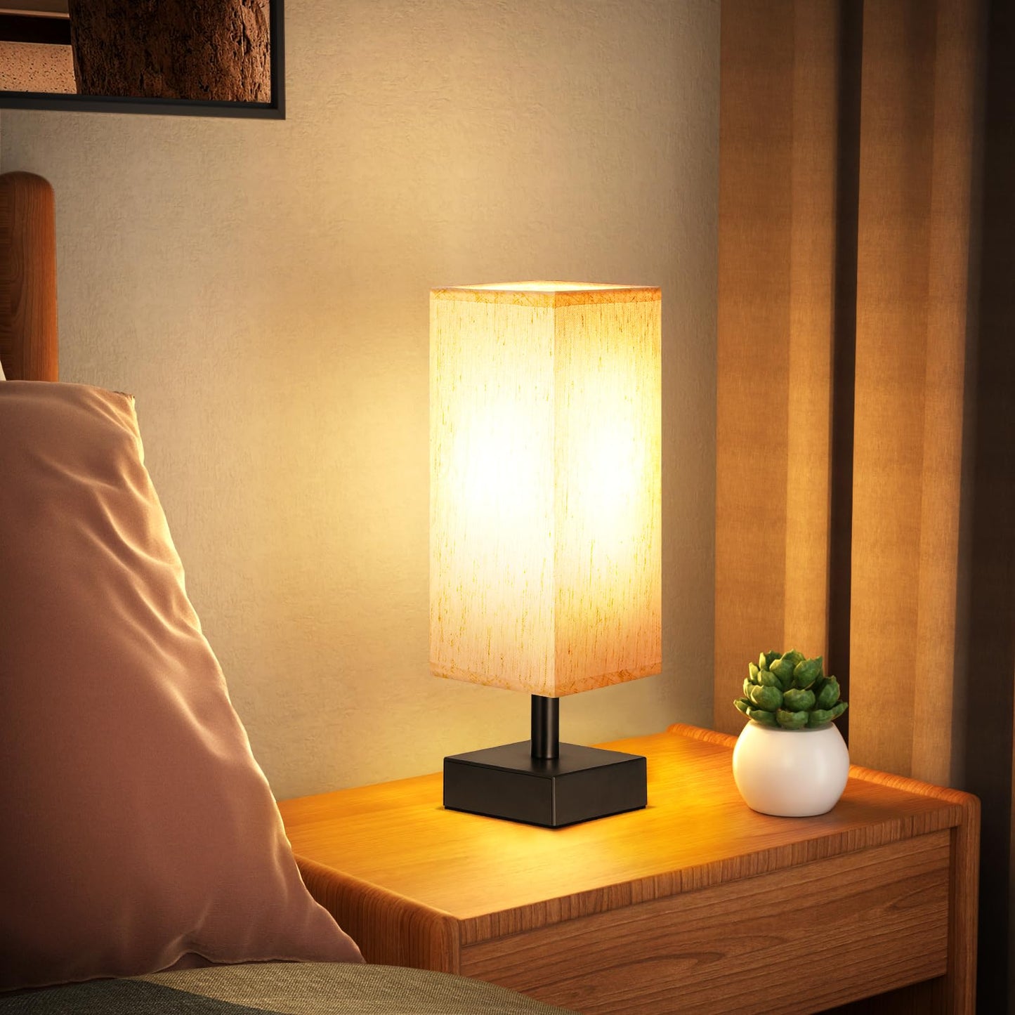 aooshine Small Table Lamp for Bedroom - Bedside Lamps for Nightstand, Minimalist Night Stand Light Lamp with Square Fabric Shade, Desk Reading Lamp for Kids Room Living Room Office Dorm