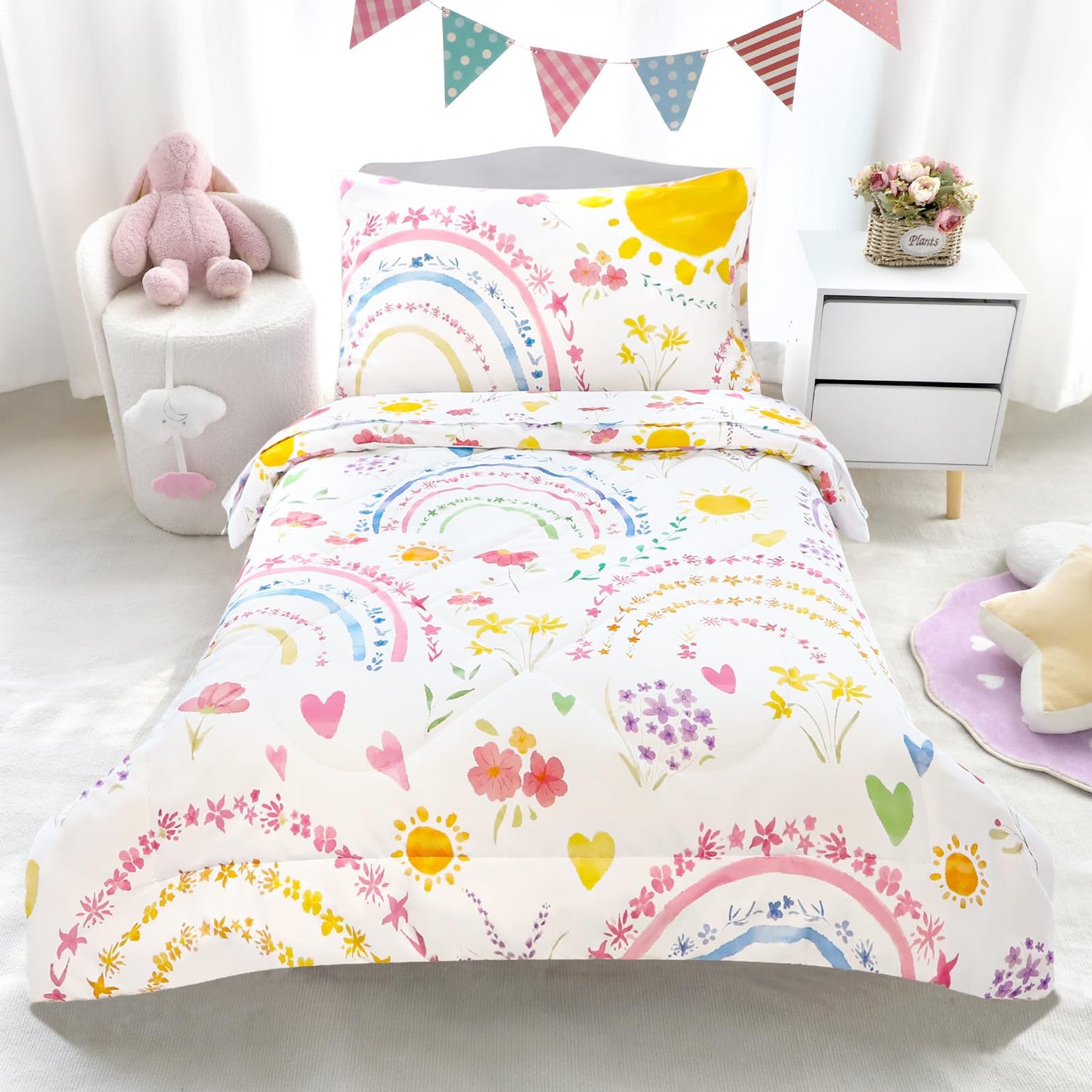 Pea Pod Toddler Bedding Set for Girls, 4 Piece Soft & Breathable Rainbow & Sun Crib Bedding Set, Bed-in-A-Bag Toddler Microfiber Sheet Set, Includes Comforter, Flat Sheet, Fitted Sheet, Pillowcase