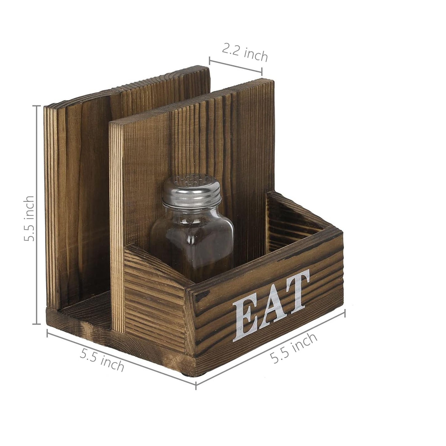 Napkin Holder with Salt and Pepper Shakers Holder for Home Kitchen Table Centerpiece and Commercial Decor, Rustic Solid Burnt Wood & Bold White Printed EAT Design