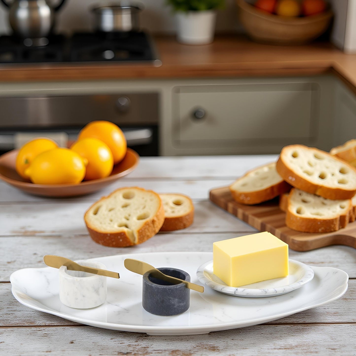 Cruiser’s Caché | Butter and Jam Serving Crocks with Gold Knifes | One each White and Gray Marble | For Serving Butter, Jams, Condiments, and Spreads