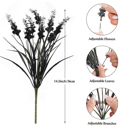 N&T NIETING 6 Bundles Black Artificial Flowers, Fake Monkey Grass with Flowers, UV Resistant Fake Plants Halloween Black Flowers Decor for Party Front Porch Home Garden Patio