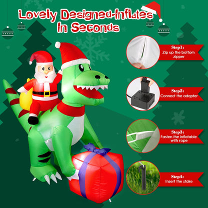 5 Ft Christmas Inflatable Dinosaur with Santa, LED Lights, Indoor Outdoor Holiday Yard Decor, Green T-Rex with Gift Box