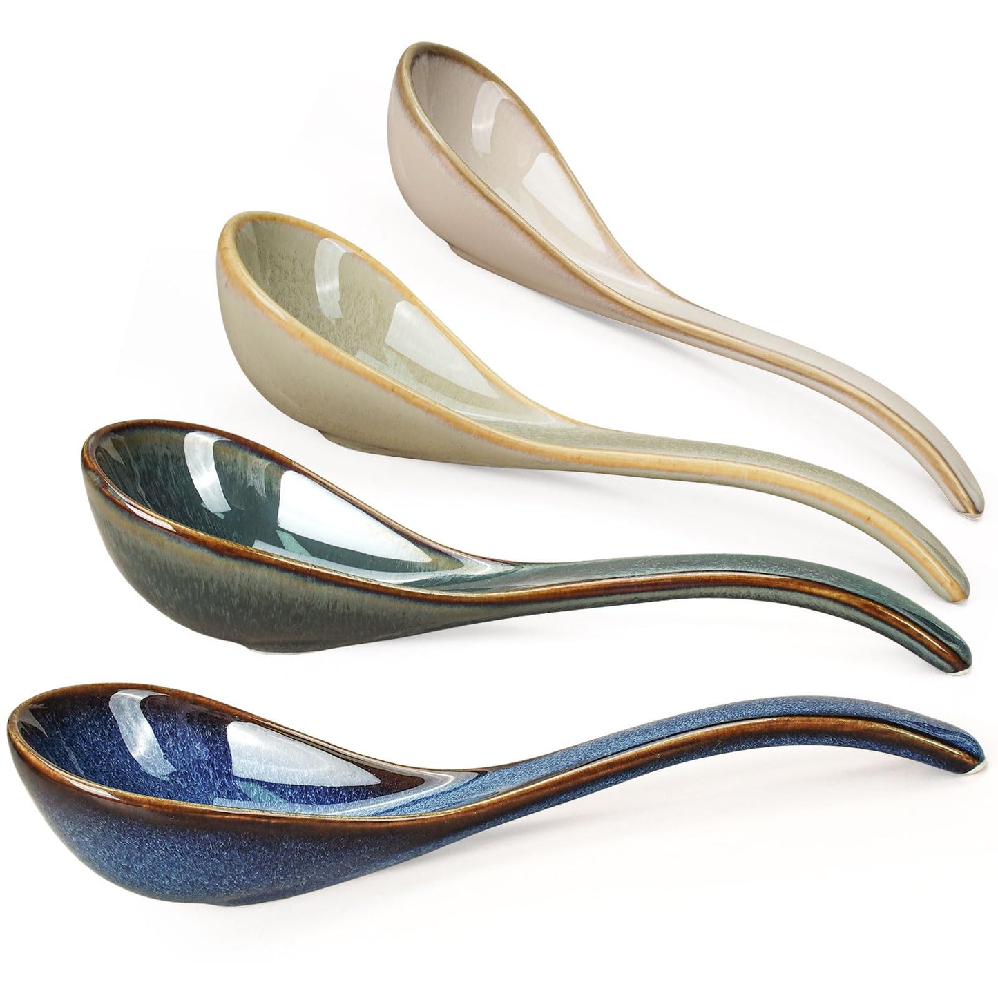 Artena Chinese Soup Spoons, Ceramic Asian Spoons with Deep Arc Anti-Roll Design, 6.85 Inch Set of 4, Perfect for Ramen, Pho, Wonton Soup as Japanese Soup Spoon, Korean Spoon (Earth Tones)