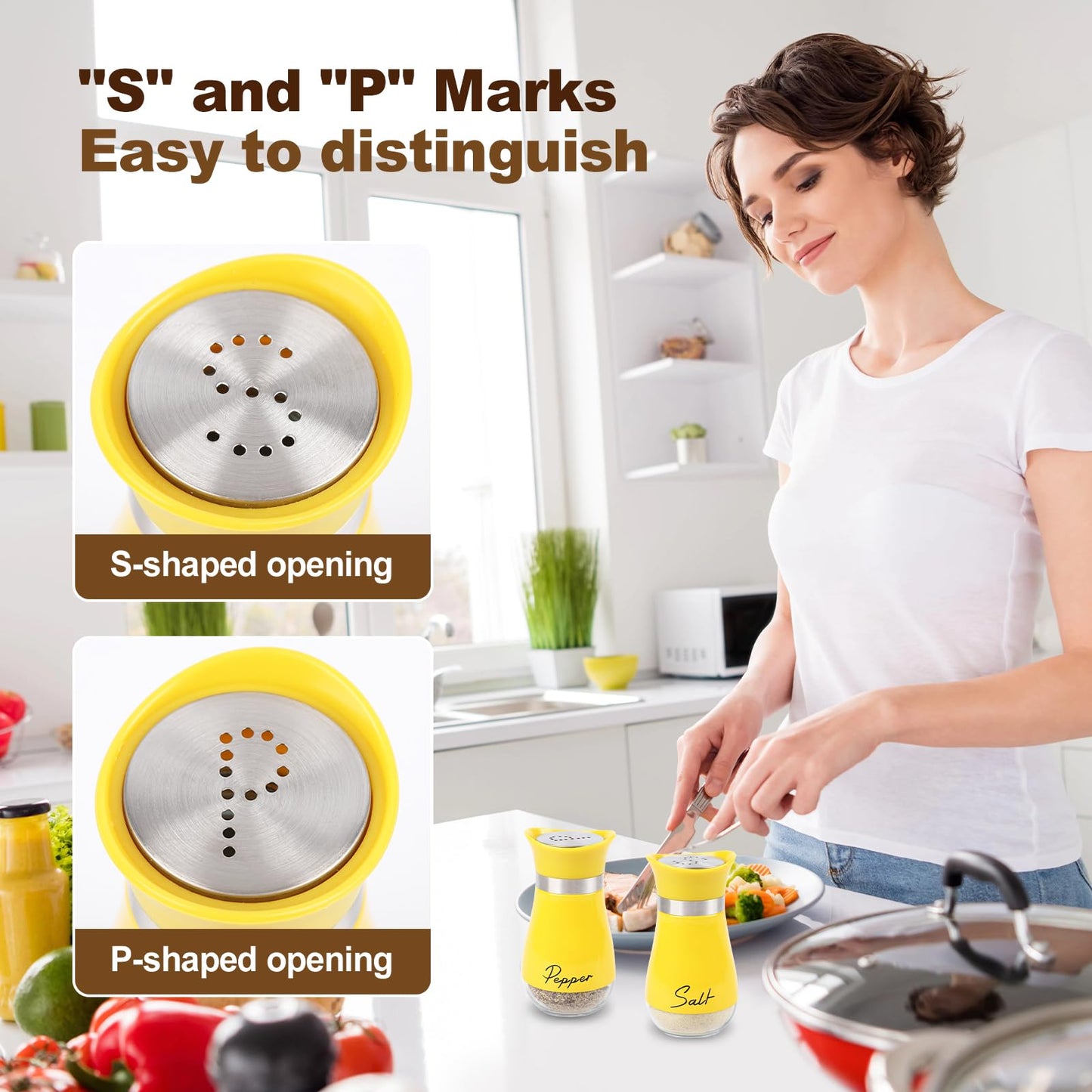 Salt and Pepper Shakers Set, 4 oz Stainless Steel Salt Shaker with Holder, Farmhouse Salt Pepper Shaker Containers with Glass Bottom for Kitchen Cooking Table, BBQ, Bar, RV, Camp (Yellow)
