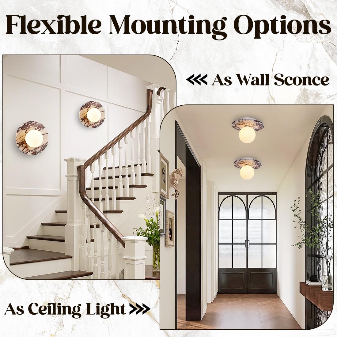 Calacatta Viola Marble Wall Sconce-Unique 7.8”Alabaster Sconce for Bedroom,Bathroom Vanity,Hallway & Yoga Room,Modern Hardwired Marble Style Stone Glass Wall Lamp for Meditation,Reading & Spa Decor