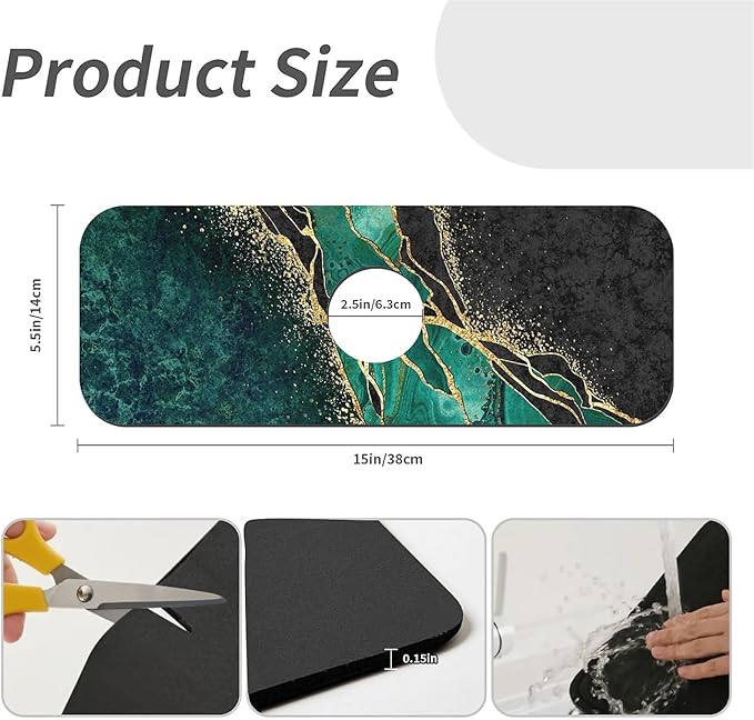 Kitchen Sink Splash Guard，Black and green gold marble Faucet Mat Sink