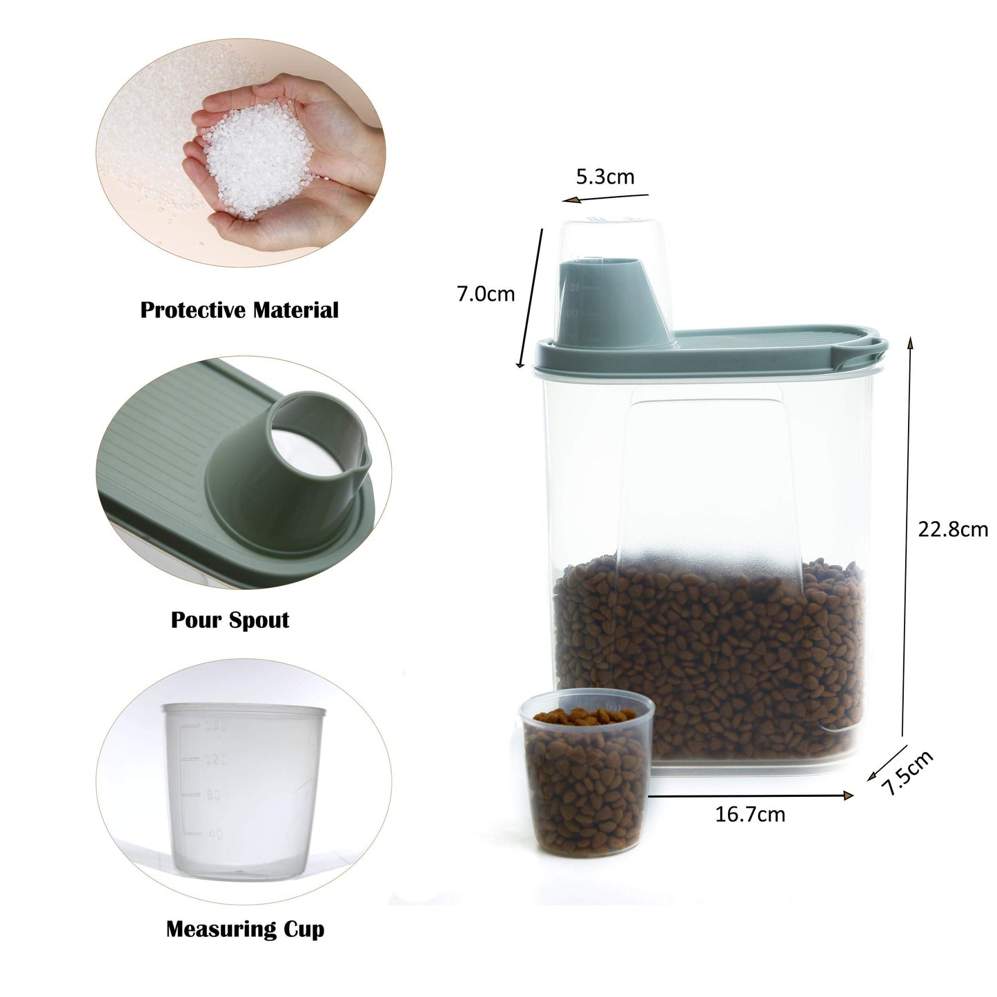 Citylife 2 Pack Dog Food Storage Container Airtight Cat Pet Food Storage Container with Measuring Cup Pour Spout Food Dispenser for Dog Cat Bird, 18.8 * 9.2 * 30 cm, 2 * 2.3 L (Green)