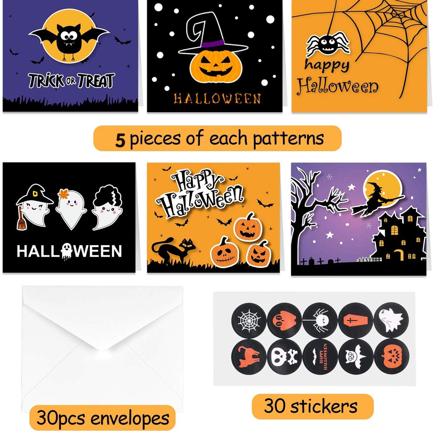 TUPARKA 30 Pack Halloween Greeting Cards with Envelopes and Halloween Stickers, 6 Halloween Designs