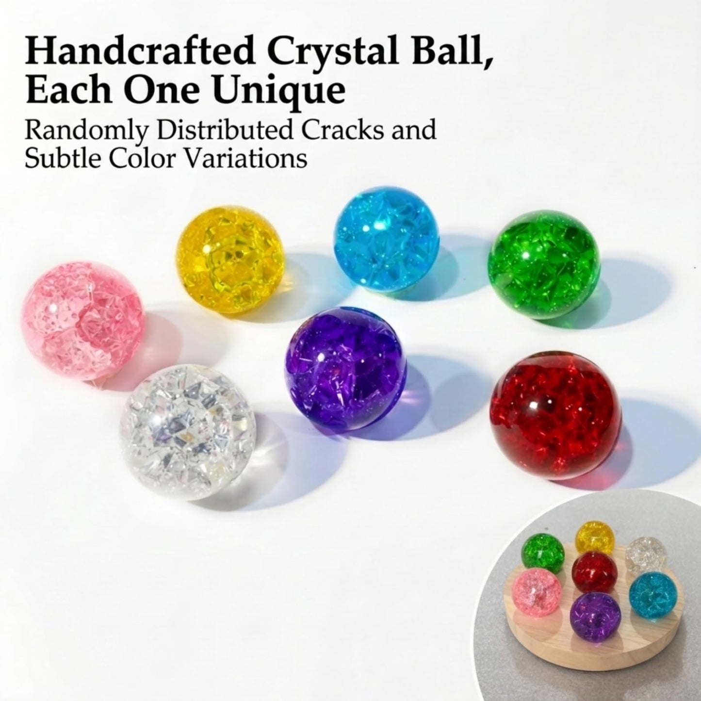 JINWU ClearPeak 7 Colors 40mm Ice Cracked Crystal Balls, Chakra Healing Sphere with LED Wooden Base, Glass Night Light for Home Living Room Meditation, Valentines Day (Set 7-Rainbow-Round)