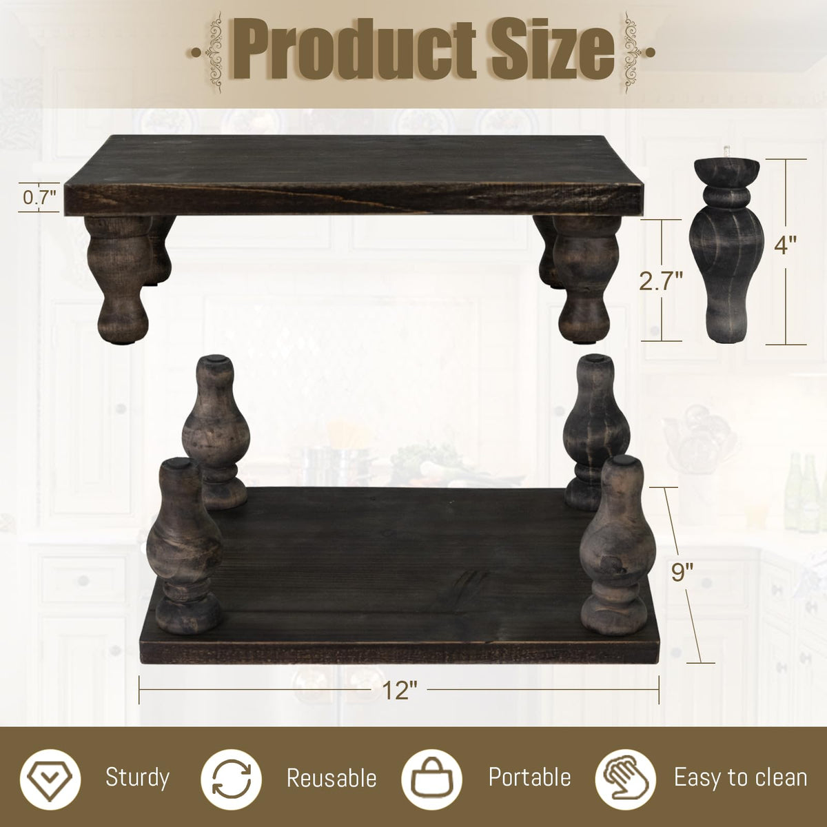 MAONAME Decorative Wooden Display Riser, Farmhouse Wood Pedestal Stand for Display, Rustic Washed Black Tray Riser for Kitchen, Home Table Decor, Short and Tall Footed