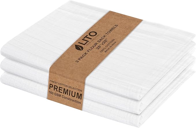LITO LINEN AND TOWEL Flour Sack Towels – 100% Cotton, 28x28 Inches, Highly