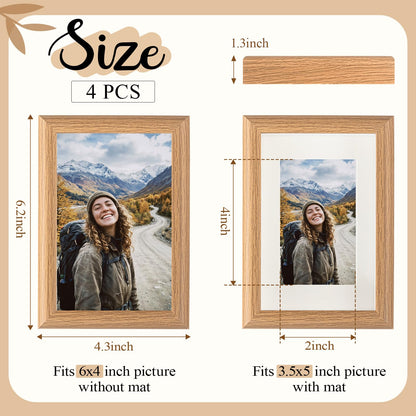 4 Pcs 4x6 Shadow Box Picture Frames Matted to 3.5x5 Small Wooden Photo Frames Tabletop Wall Display Natural Wood Decor Family Memories Gift with Acrylic Glass, Desktop Photo Stand Home Decor (Wood)