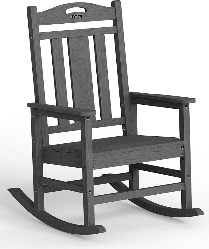 Ciokea Oversized Outdoor Rocking Chair, 380lbs Heavy-Duty Large Patio Rocker, Weather Resistant & Anti-Fade Porch Chair, High Back Cozy Rocking Chair for Outside, Fire Pit, Deck, Garden, Dark Grey