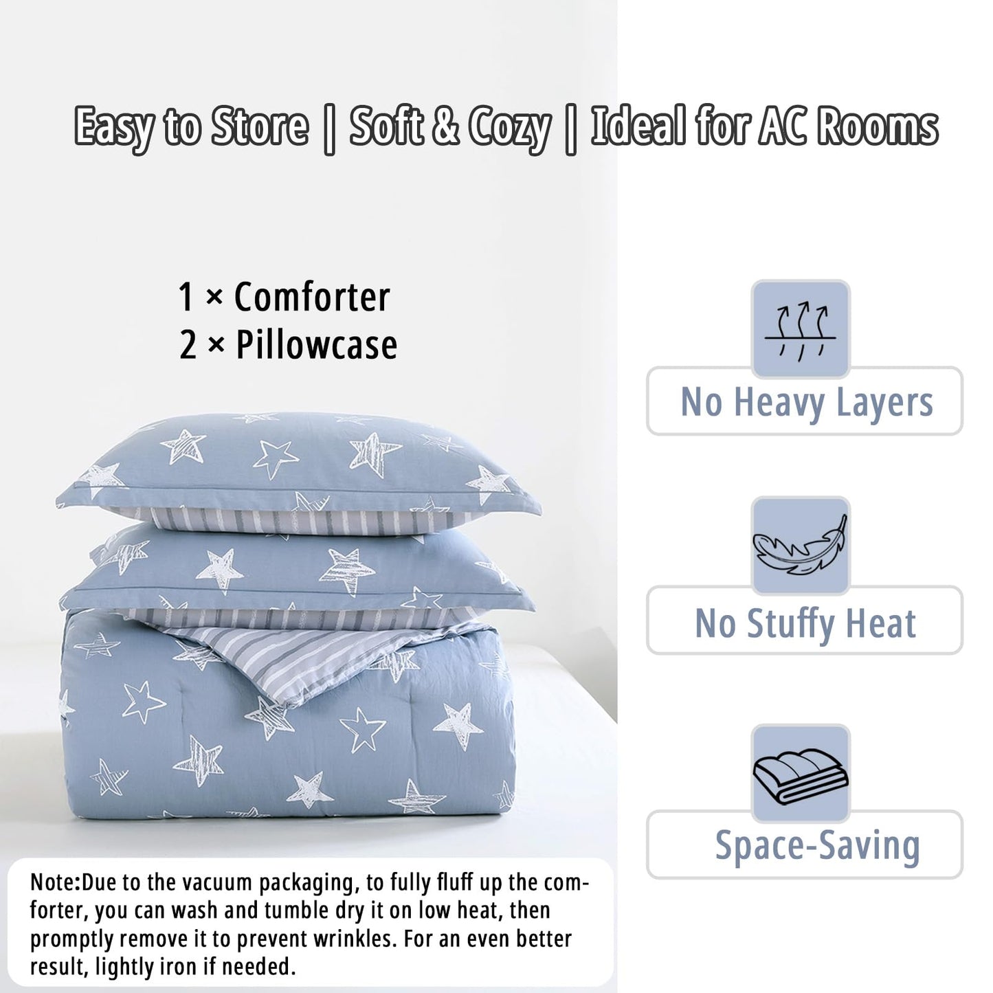 LEMIROE Blue Cotton Comforter King Size 3Pcs - White Doodle Style Stars on Denim Blue Front, Gray Stripes on Back, Reversible Lightweight Bedding Sets with Soft Fill(King, 104"×90")